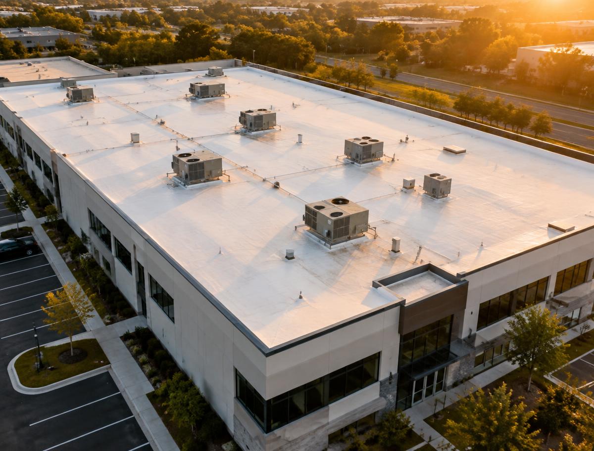 Commercial building with a white flat membrane roof