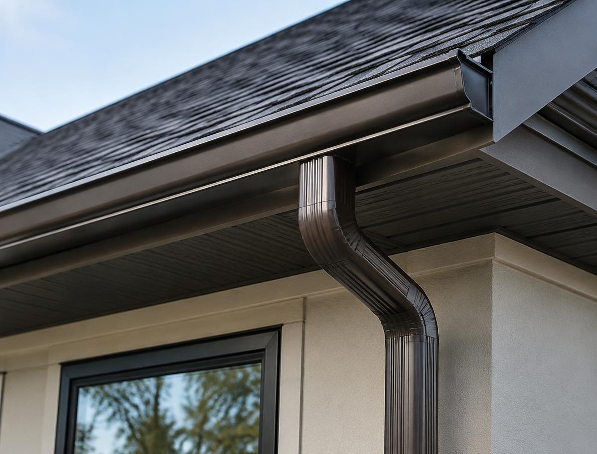Seamless dark bronze gutter and downspout on a home
