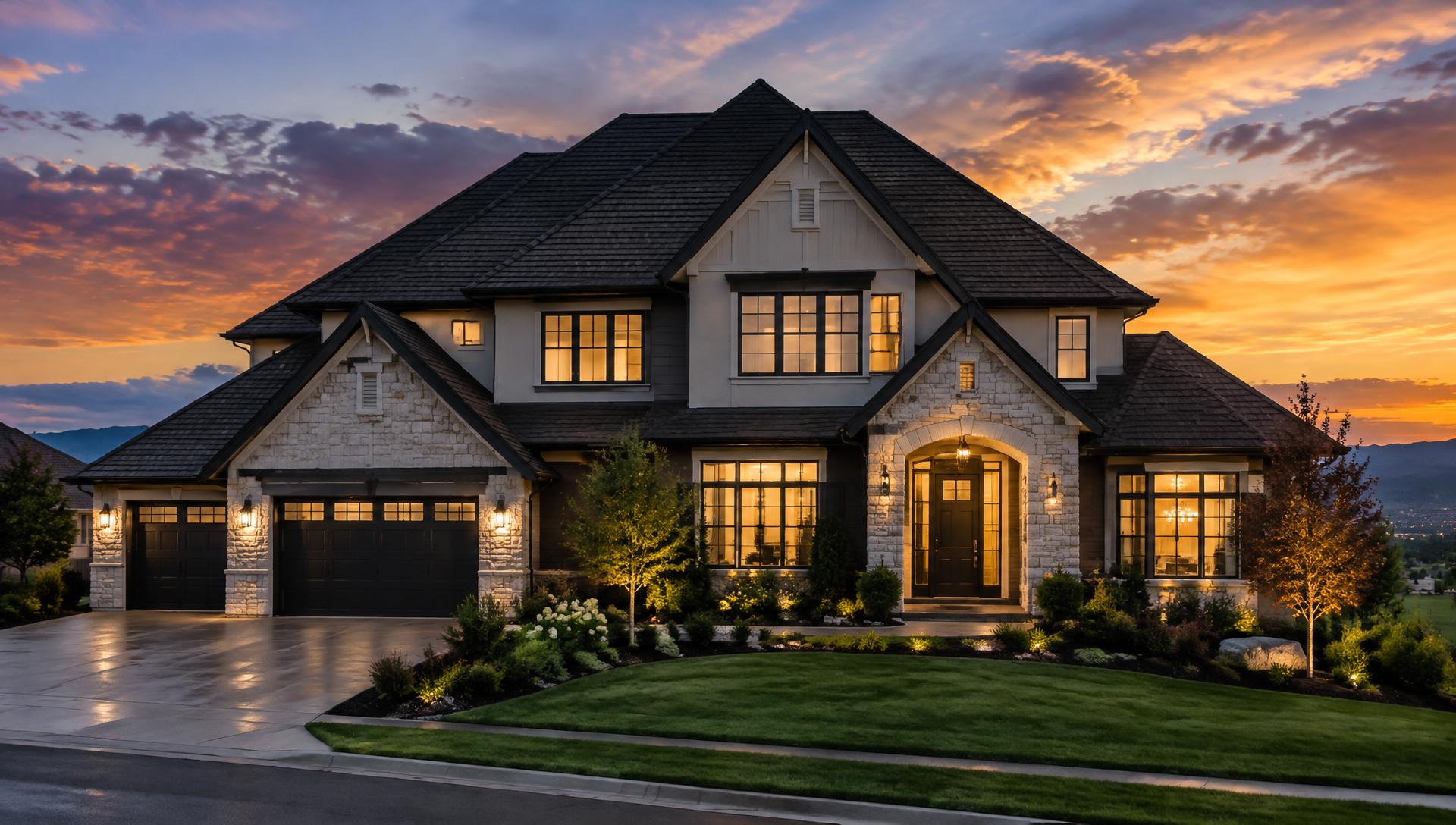 Two-story home with dark architectural shingle roof at dusk