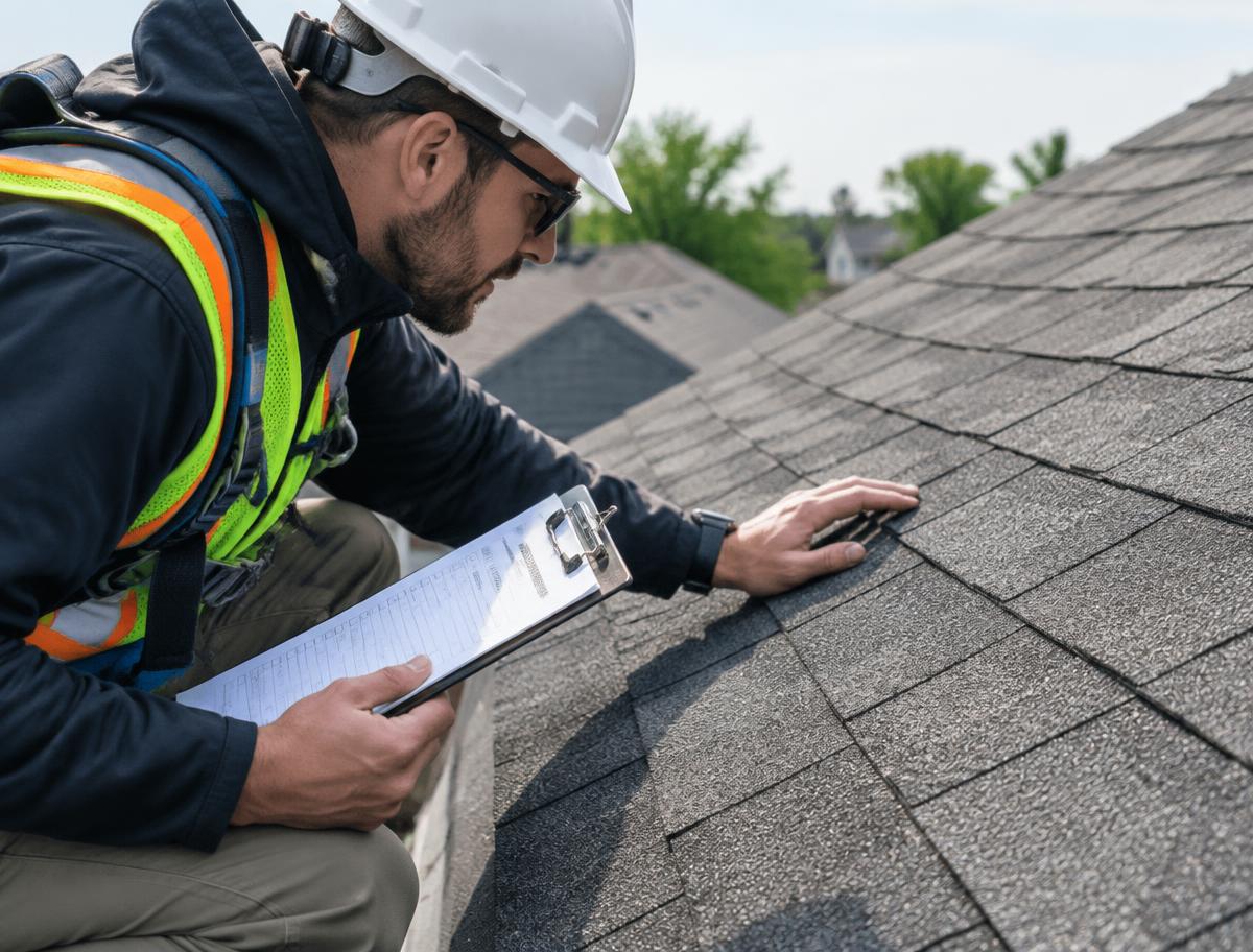 Roof inspector with clipboard examining shingles