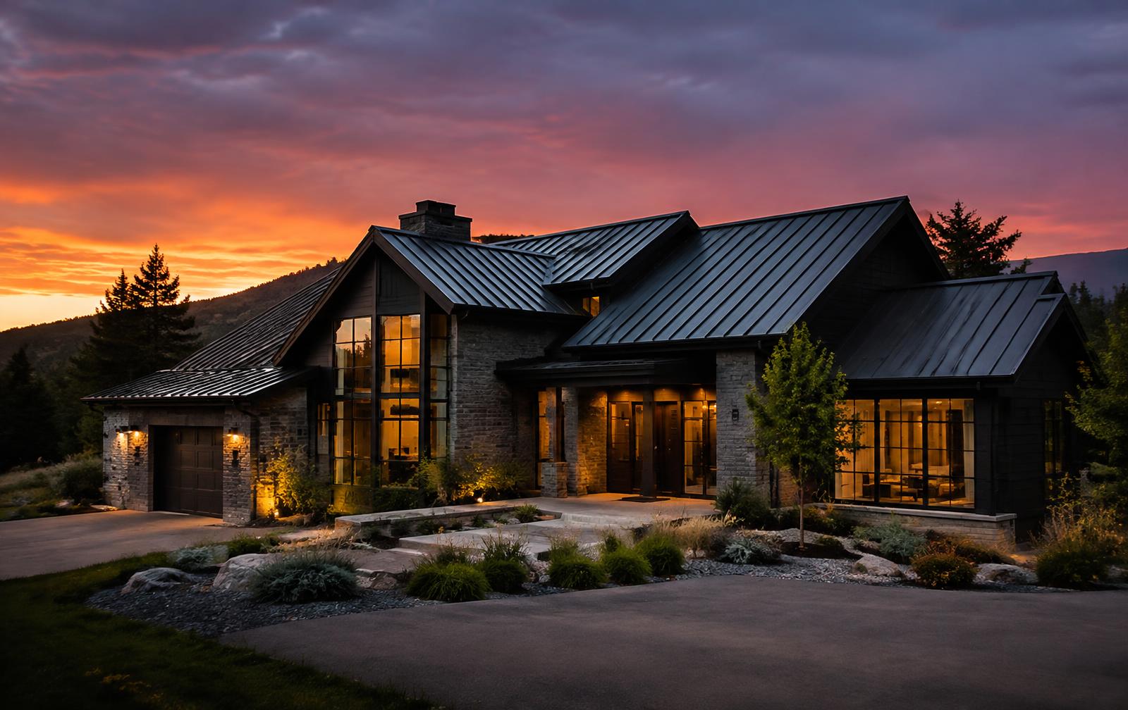 Modern home with standing seam metal roof at dusk
