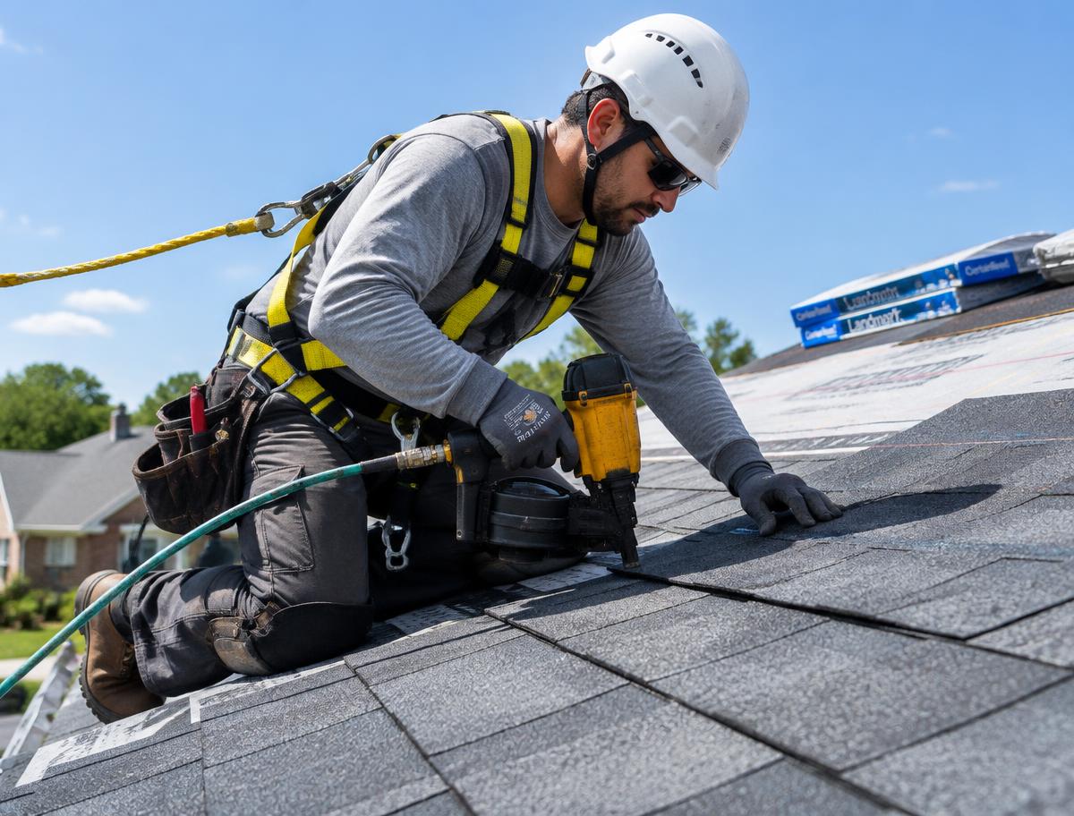 Roofer wearing a safety harness installing asphalt shingles