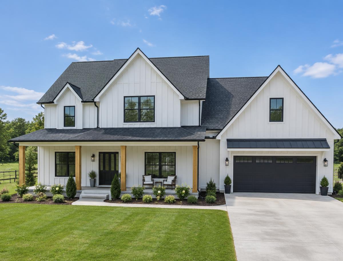 Farmhouse with a newly installed dark gray shingle roof