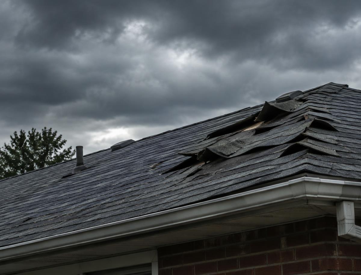 Shingle roof with wind-lifted shingles under storm clouds